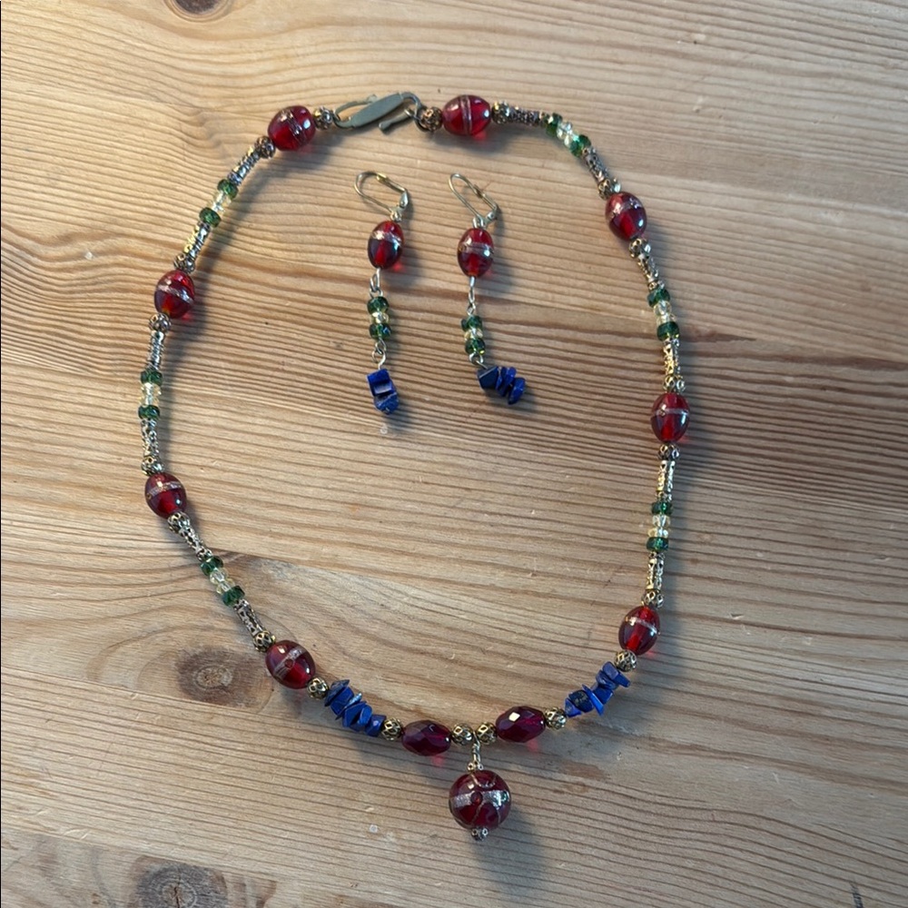 Elegant Red and Blue Beaded Necklace and Earring Set